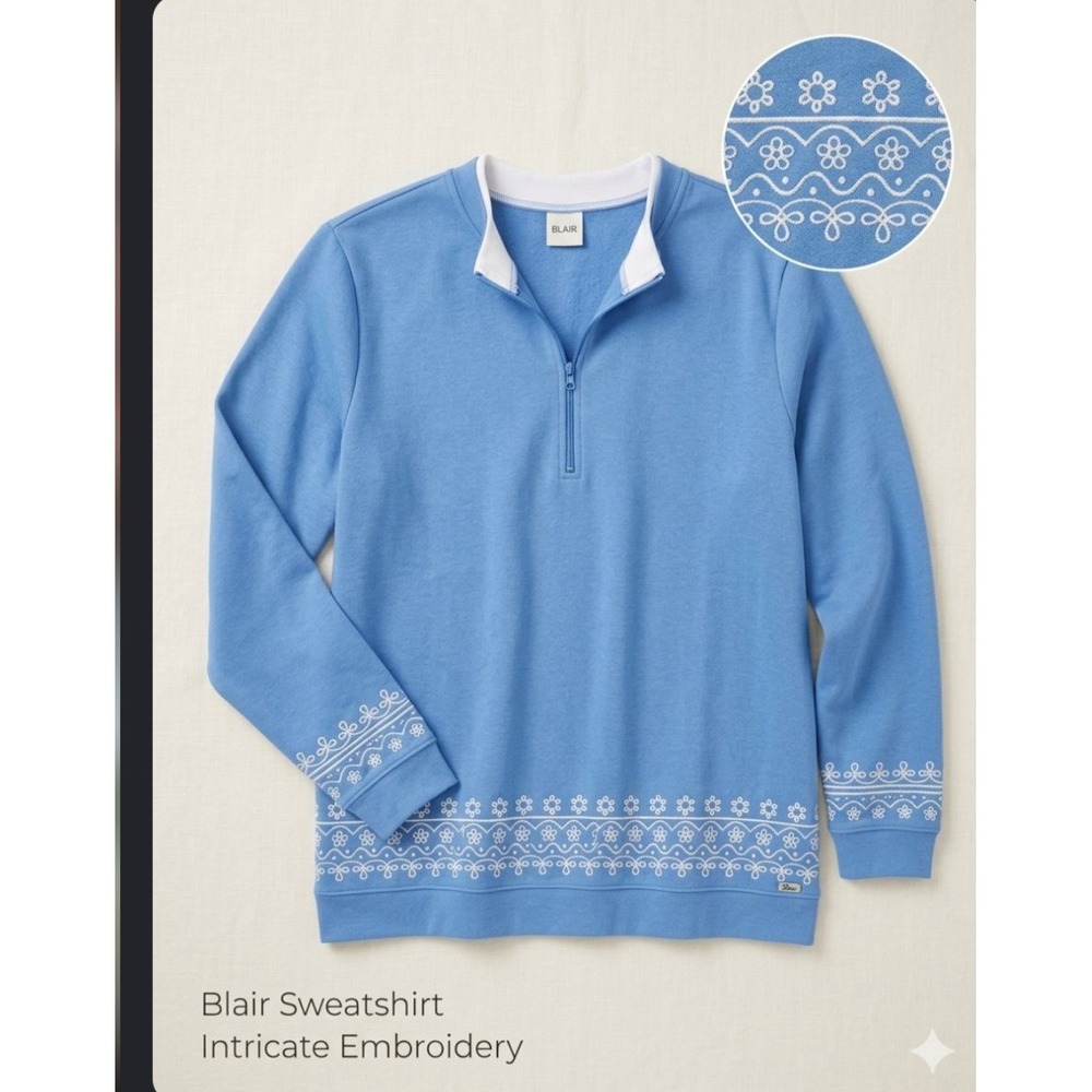 Blair Womens 3XL Blue Quarter Zip Sweatshirt Floral Embroidered Fleece Mock Neck